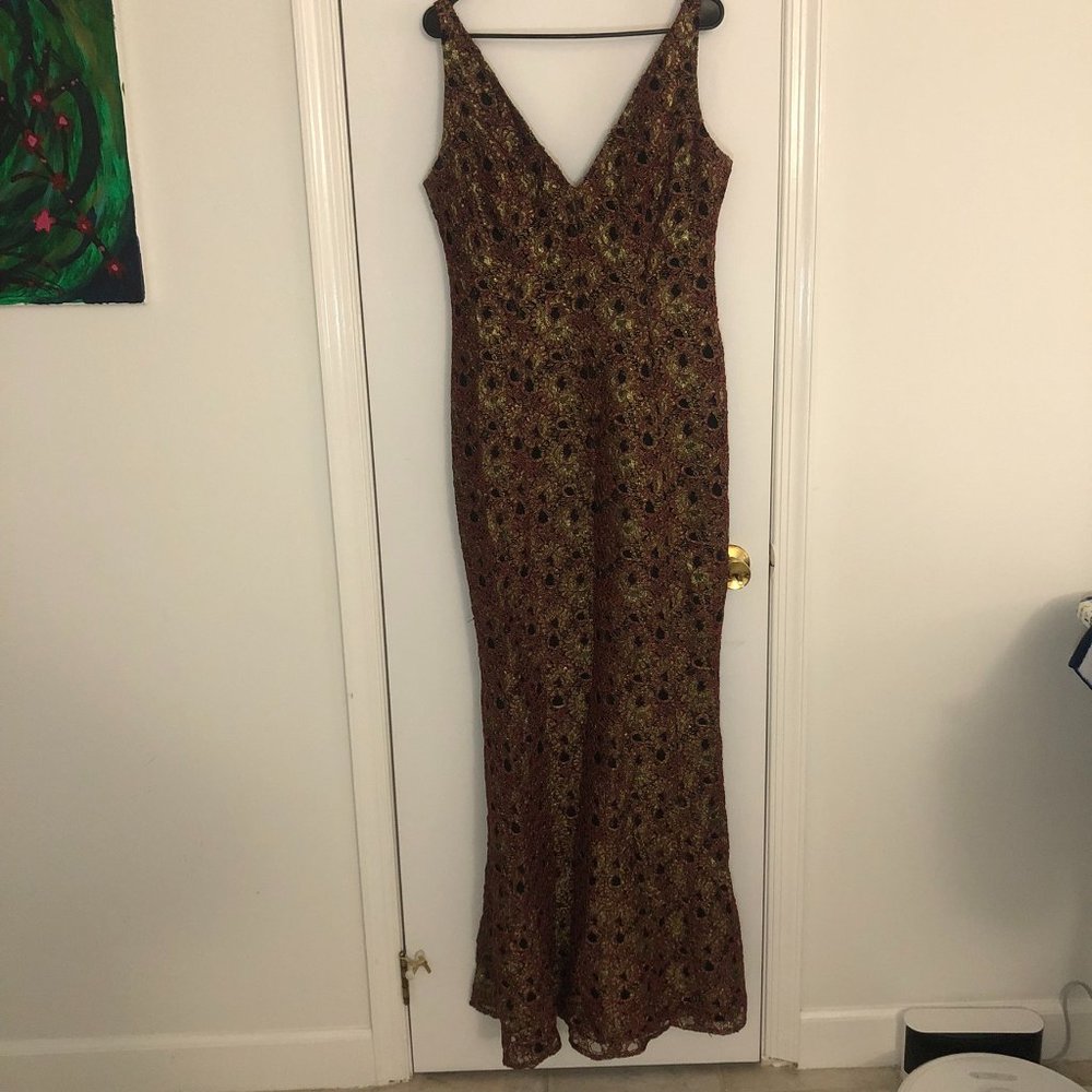 Carmen Marc Valvo Golden Leaf Gown w/Red Piping